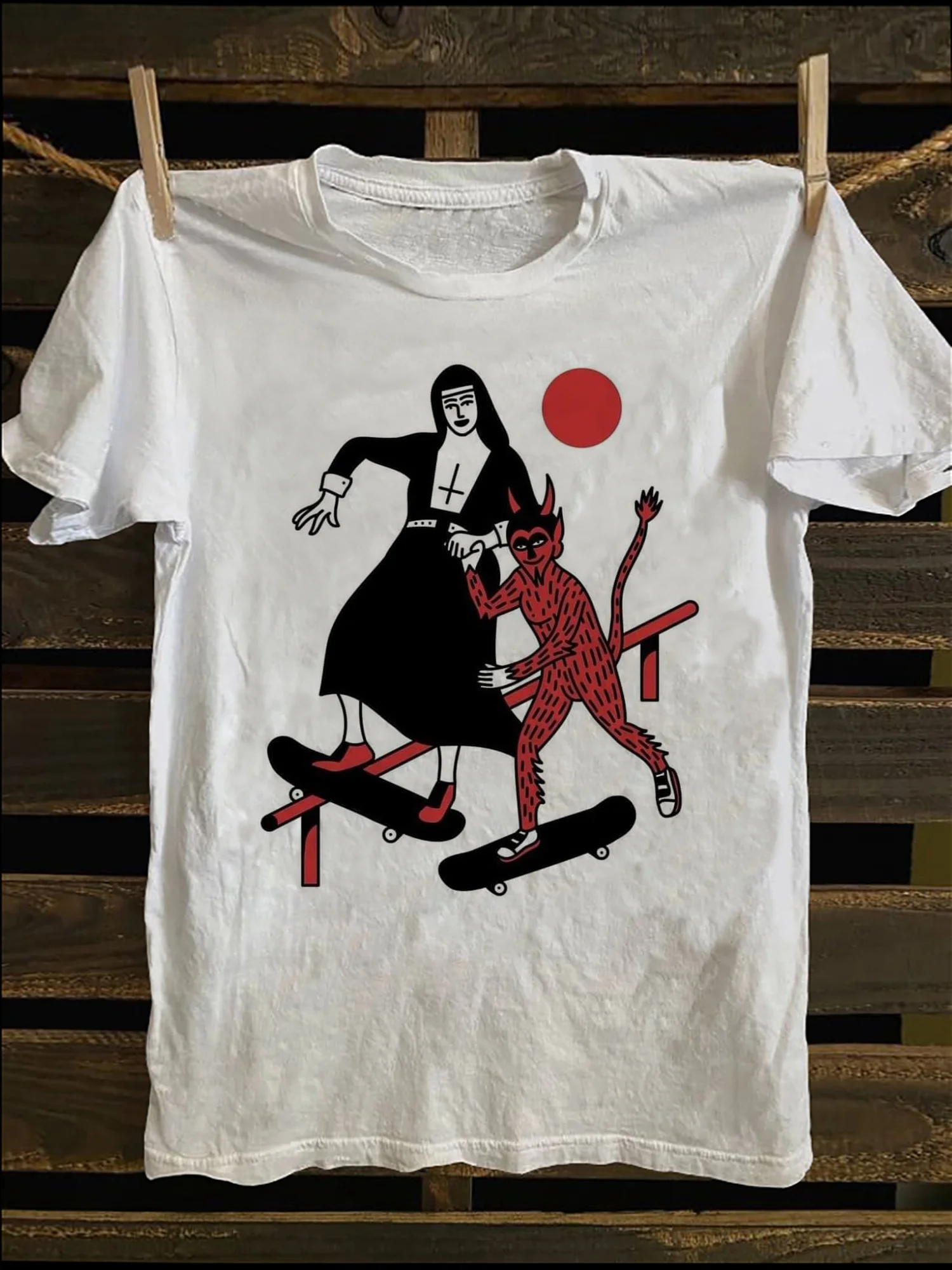 

Men Vintage Punk Easter Print T-shirt Soft Cotton Conventional Fitted Short Sleeve Tee with Humor and Angel Skateboard Design