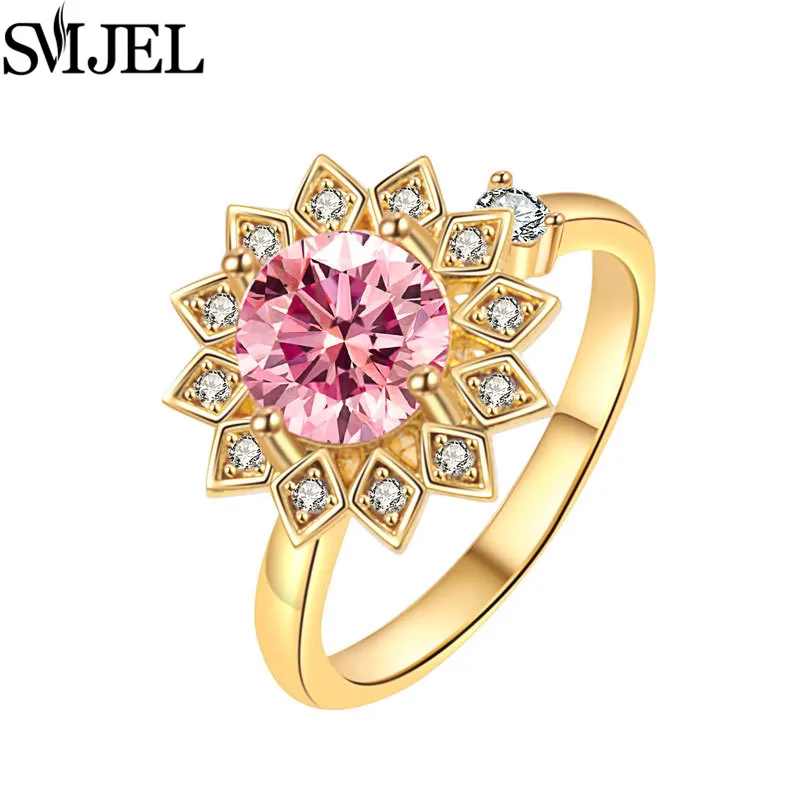 SMJEL Luxuriöse Kristall-Angstlöse-Drehringe für Frauen, niedlicher Sakura-Gänseblümchen-Rosen-Blumen-Drehring, Anti-Stress-Geschenk