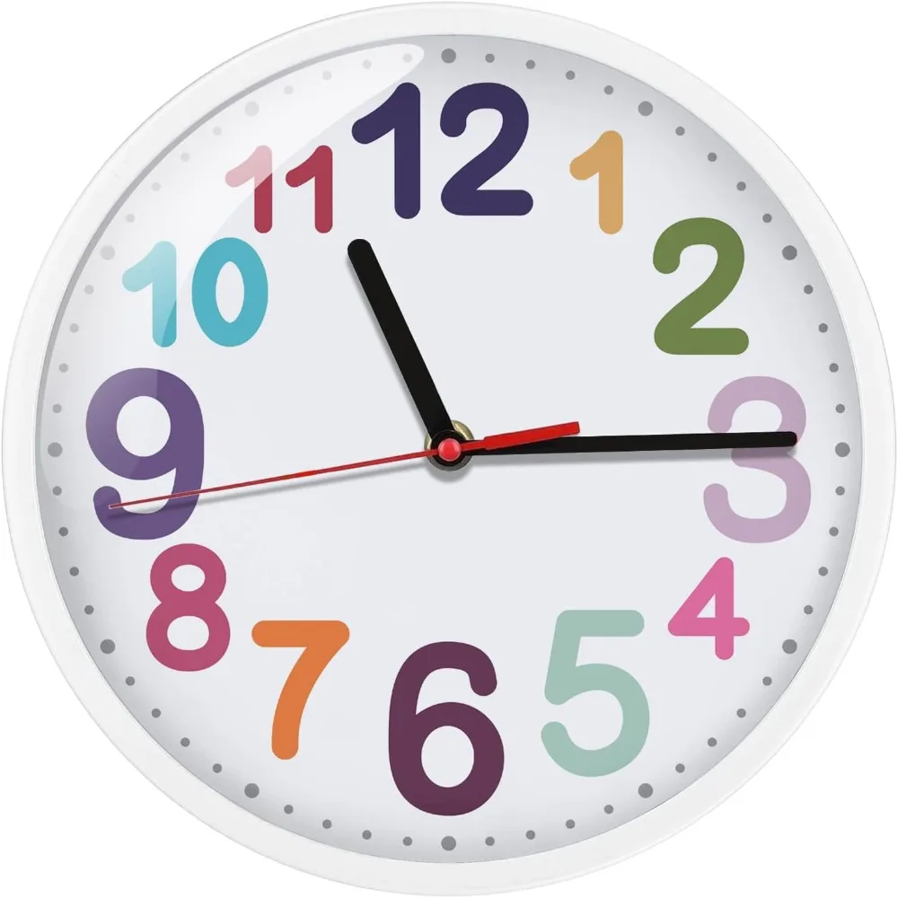 

9-inch silent, tick-free, battery-powered quartz wall clock with colorful design