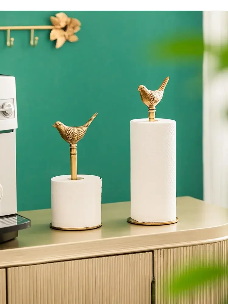 Brass Metal Golden Little Bird Paper Towel Holder Punch-free Vertical Blotting Kitchen Rack Home Storage Decoration