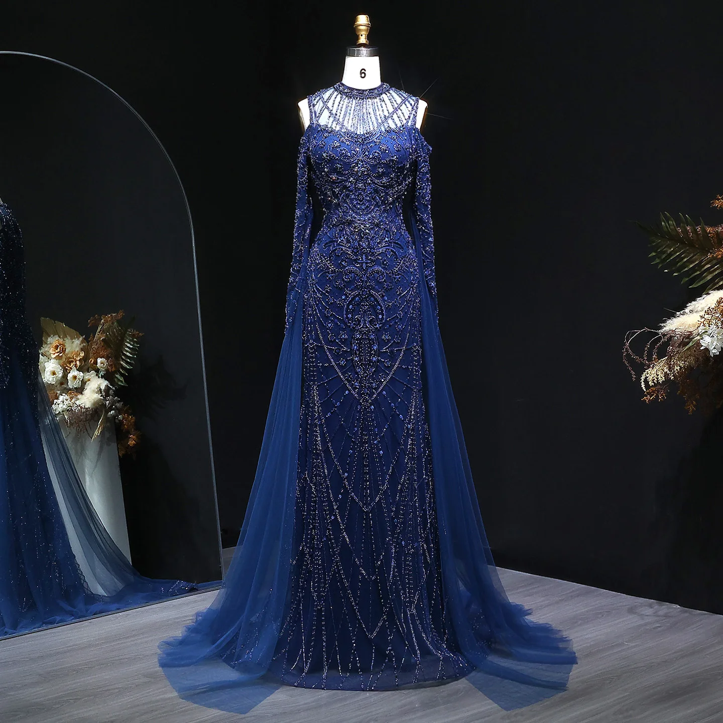 Sharon Said Marineblaues Luxus-Meerjungfrauenkleid mit Off-Shoulder-Ausschnitt und Langen Ärmeln für Damen, Hochzeit, Party, Abendkleid SS111 Maßanfertigung – Detail 5