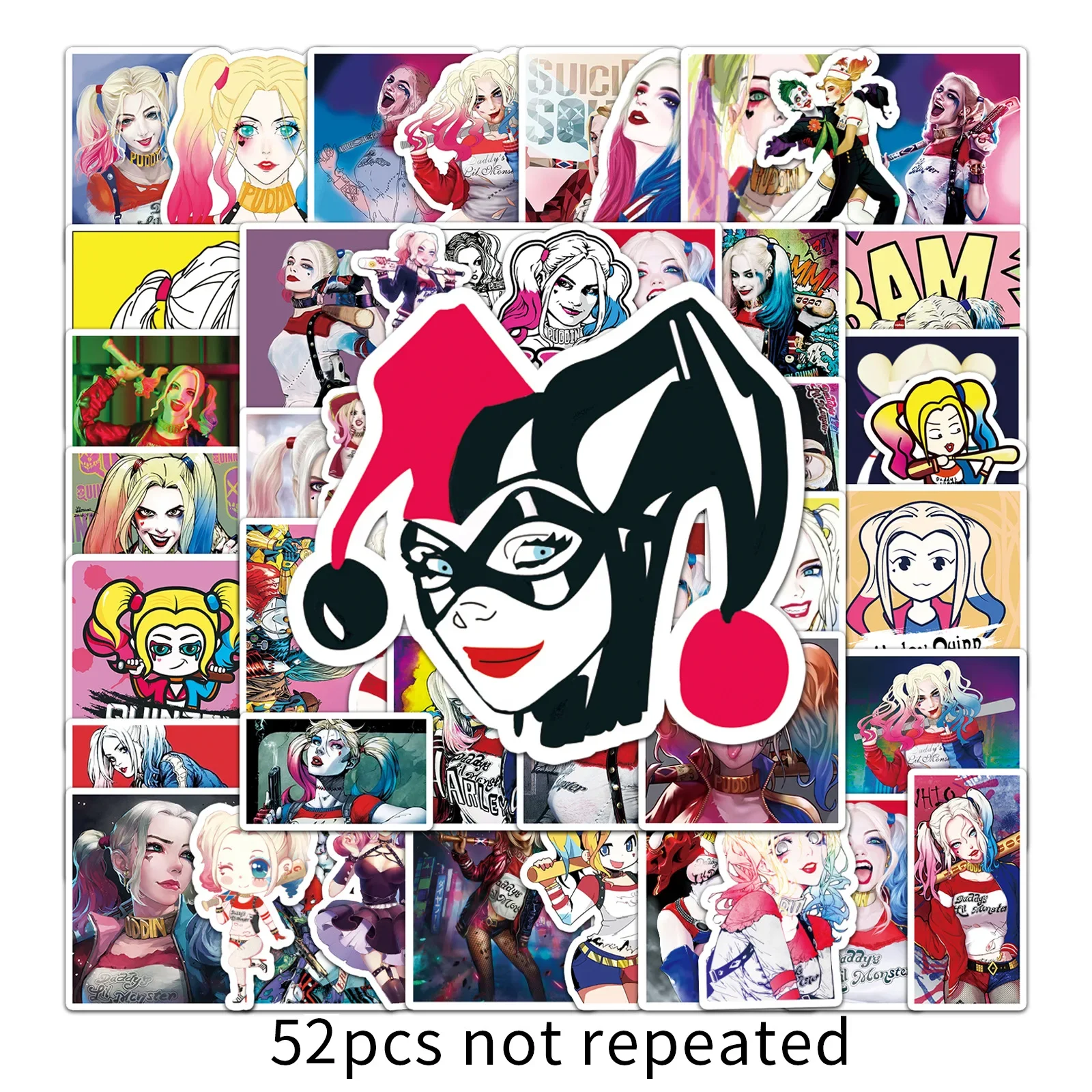 Harley Quinn adesivos impermeáveis, Desenhos animados não repetidos, 52pcs