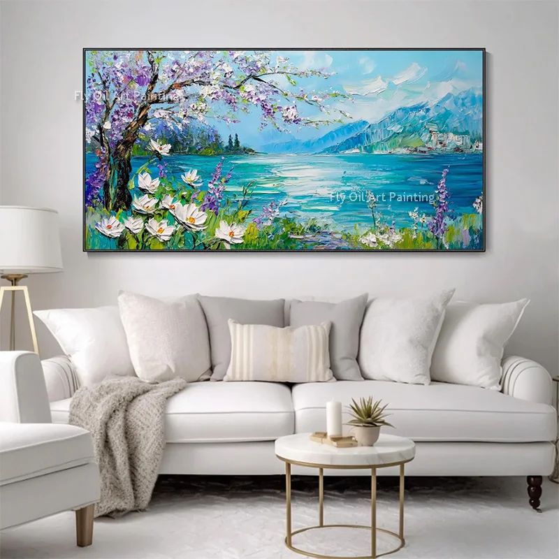 Sepcial Design Blue Purple Ocean Side And Flowers Landscape Wall Art Items Handpainted Modern Large Flower Tree Lake Oil Paintin