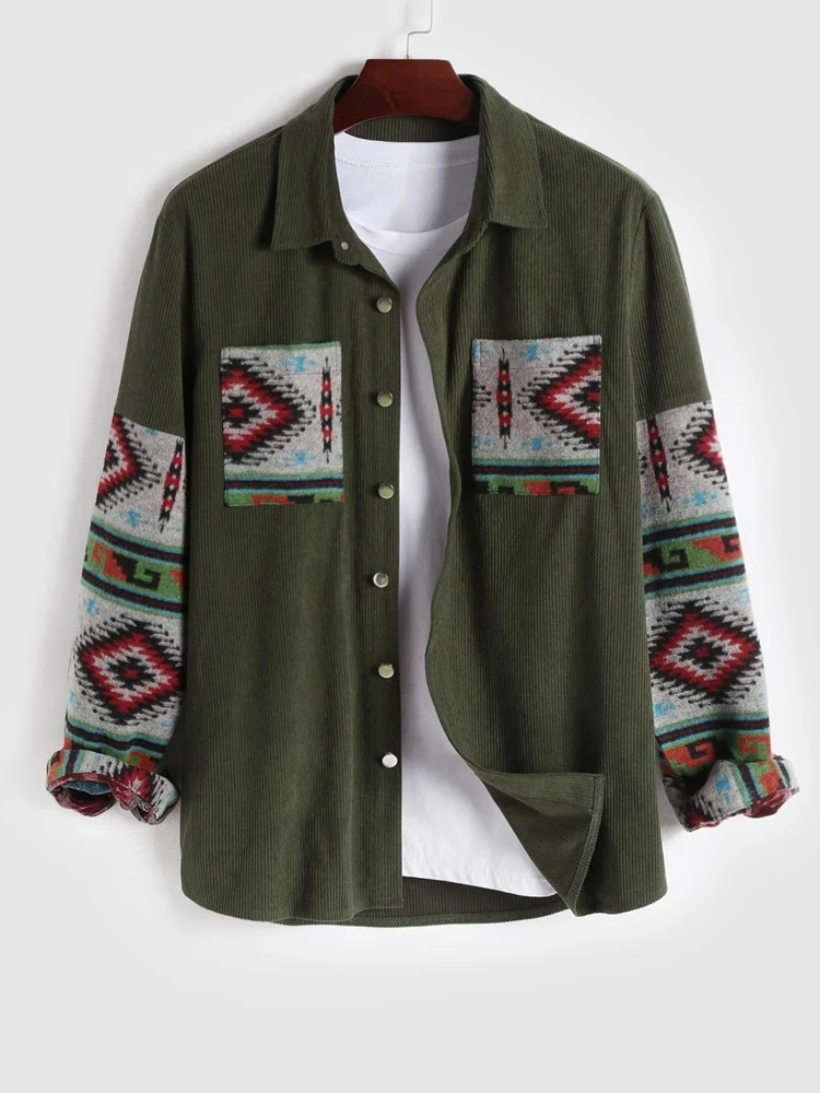 ZAFUL Corduroy Shirt Jacket Geometric Ethnic Print Spliced Long Sleeve Outerwear Unisex Streetwear Shacket Tops Z5055848