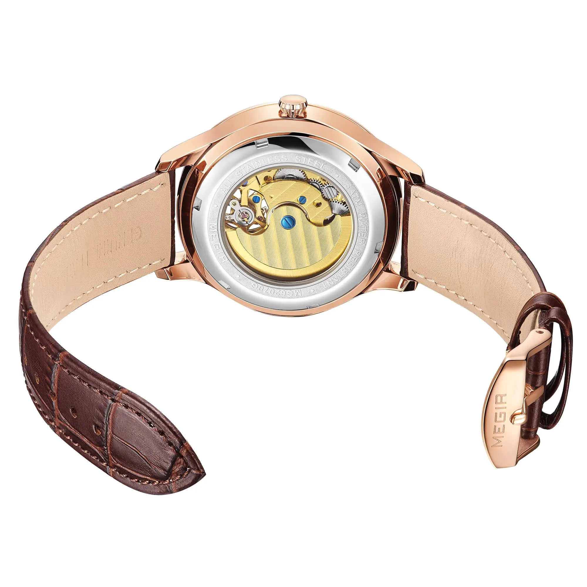 Mechanical Watches Multi-function Clock Montre Homme Leather Automatic Movement 5 ATM Waterproof Hollow Wristwatch Megir 62070