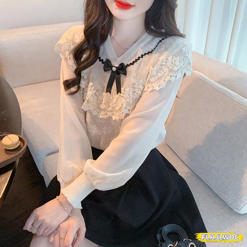 V Neck Bow Tie Lace Tops Women Korean Style Japan Design Long Sleeve Elegant Office Lady Cute Ribbon Sweet Basic Shirts Blouses