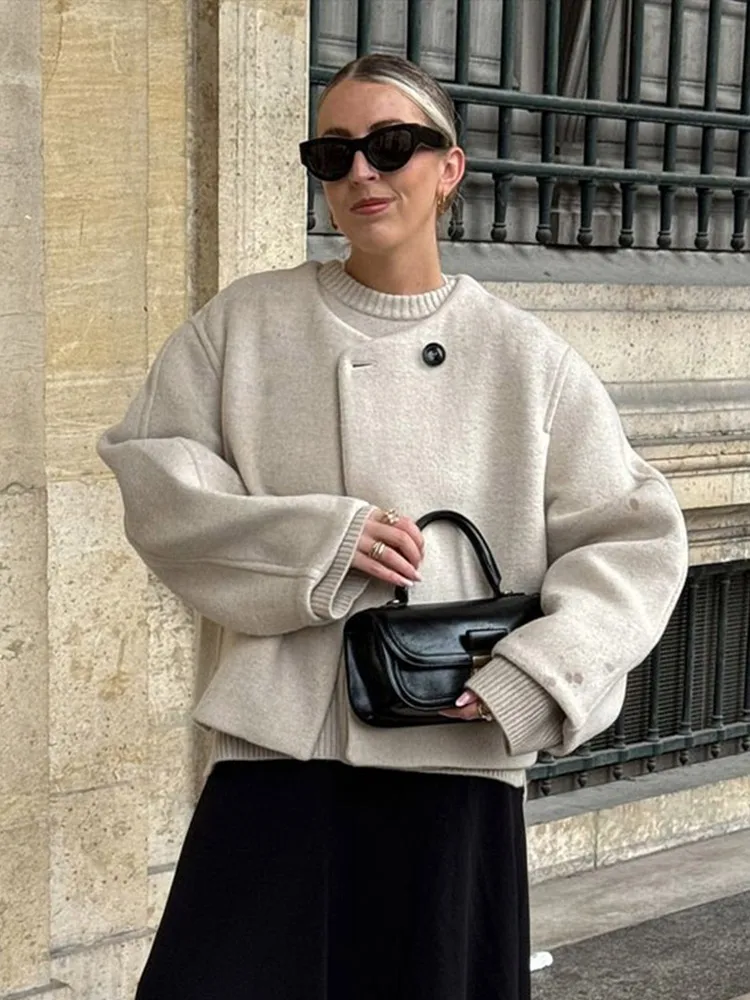 Abrigo de lana elegante con un botón para mujer, chaquetas informales lisas de manga larga con cuello redondo, prendas de vestir elegantes para ir