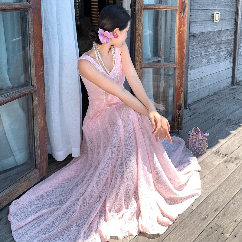 Sweet Sle Long Lace Dr Mehrere Stücke Hellrosa Sommer Hohe Taille Polyesterfaser Rundes Ne-Kleid für Frauen 25-29 Jahre...