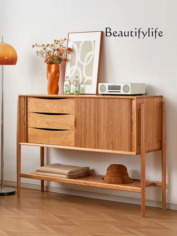 

Cherrywood Nordic High-Leg Sideboard Cabinet Side Cabinet Long Multi-Functional Shutter Solid Wood Entrance Cabinet Vintage