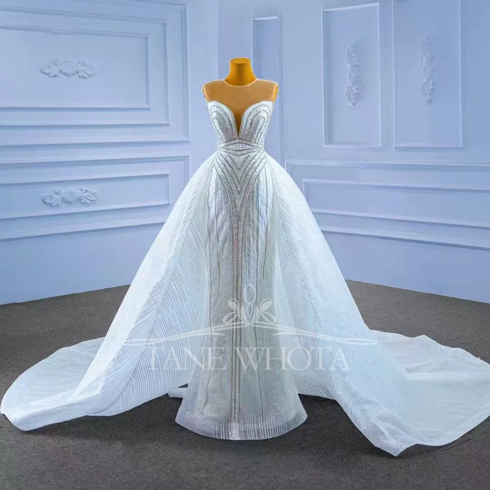 Vestido de Novia Sexy de sirena, Vestidos de Novia con cuello redondo, sin mangas, con cordones en la espalda, perlas, ajuste personalizado para novias