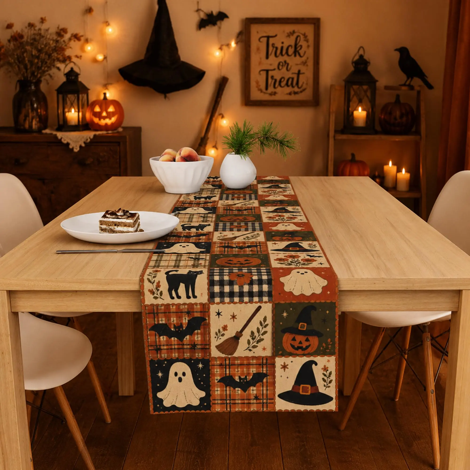 Vintage Halloween Patchwork Table Runner, Pumpkin Ghost Black Cat Bat Witch Hat Print Table Cloth, Holiday Party Dining Table