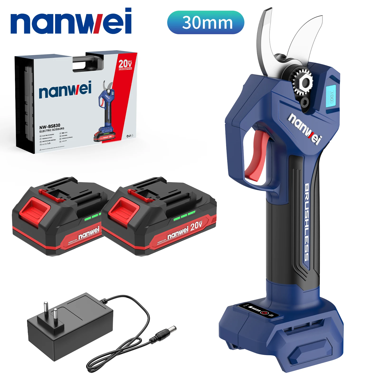 Nanwe 20V Cordless Brushless Electric Pruning Shears Secateur Pruner Tree Bonsai Cutter Lithium-Ion Branches Scissor Garden Tool