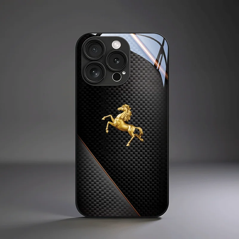 Carbon fiber Jinma Jumping Glass Phone Case is suitable for iPhone 18 17 16 15 14 13 12 11 Pro/Max/Plus anti drop and shockproof