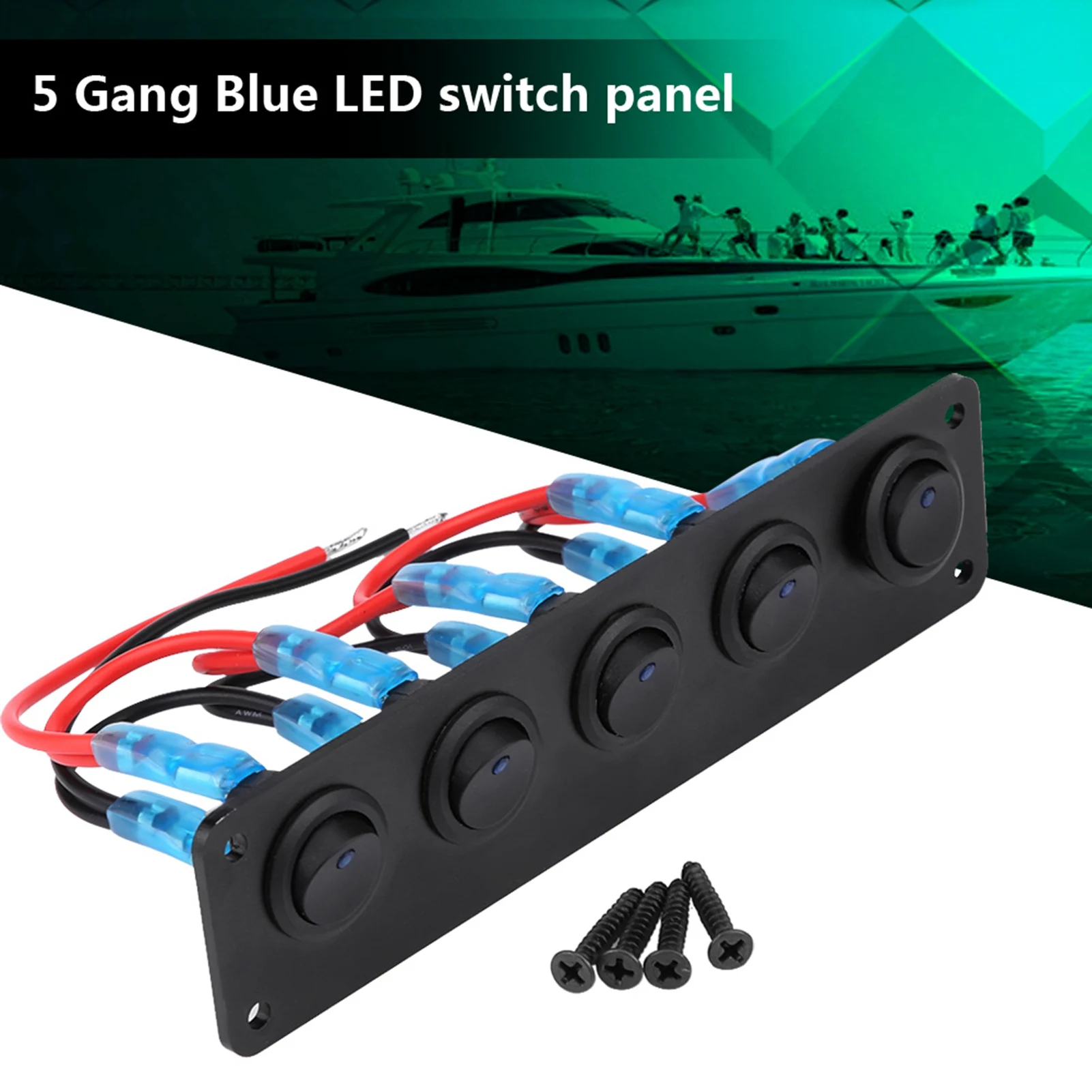 

Rocker Panel Toggle Panel 12‑24V 5 Gang Round Dash Rocker Toggle Panel Blue LED for RV Boat Yacht Marine