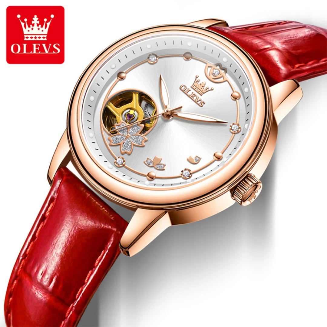 

OLEVS 6732, модные механические часы, подарок, ремешок для часов из натуральной кожи, наручные часы с круглым циферблатом, светящиеся