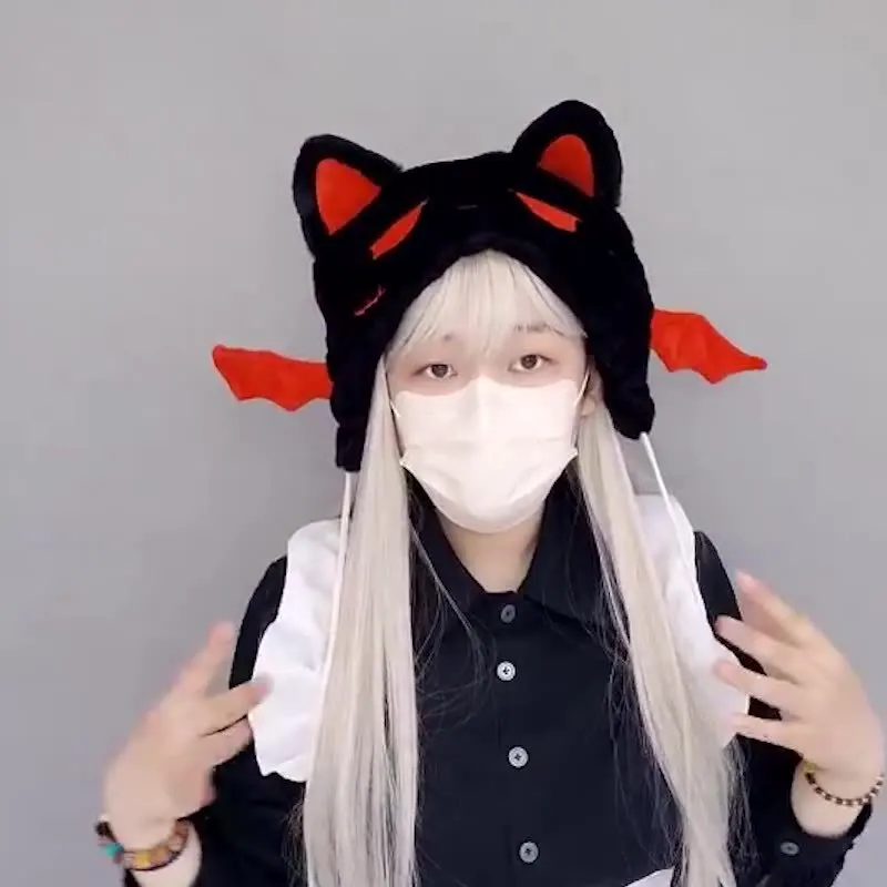 

Winter and Spring Korean Version of Cat Ear Hat Pom-pom Small Hat Cartoon Cute Embroidery Plush Little Devil Cat Hat
