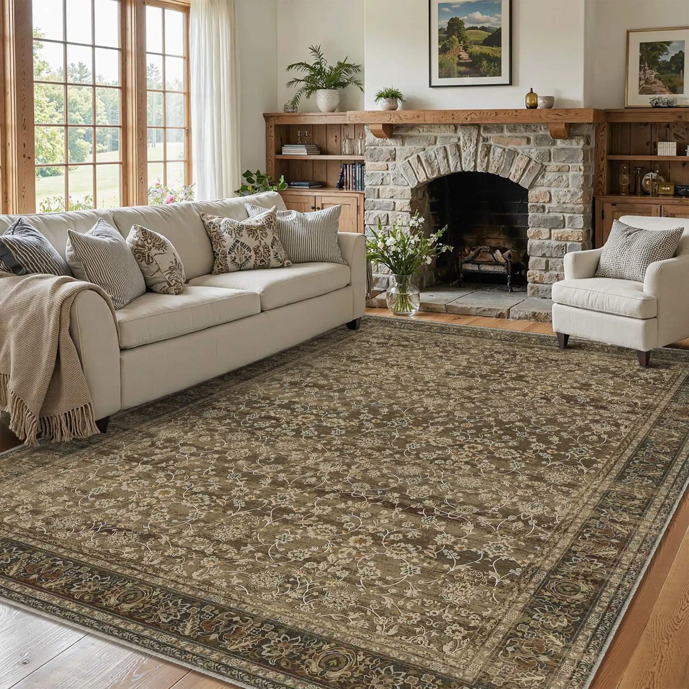 

Vintage Oriental Area Rug Non-Slip Washable Carpet for Living Room Bedroom Office Farmhouse Low Pile Soft Floor Mat
