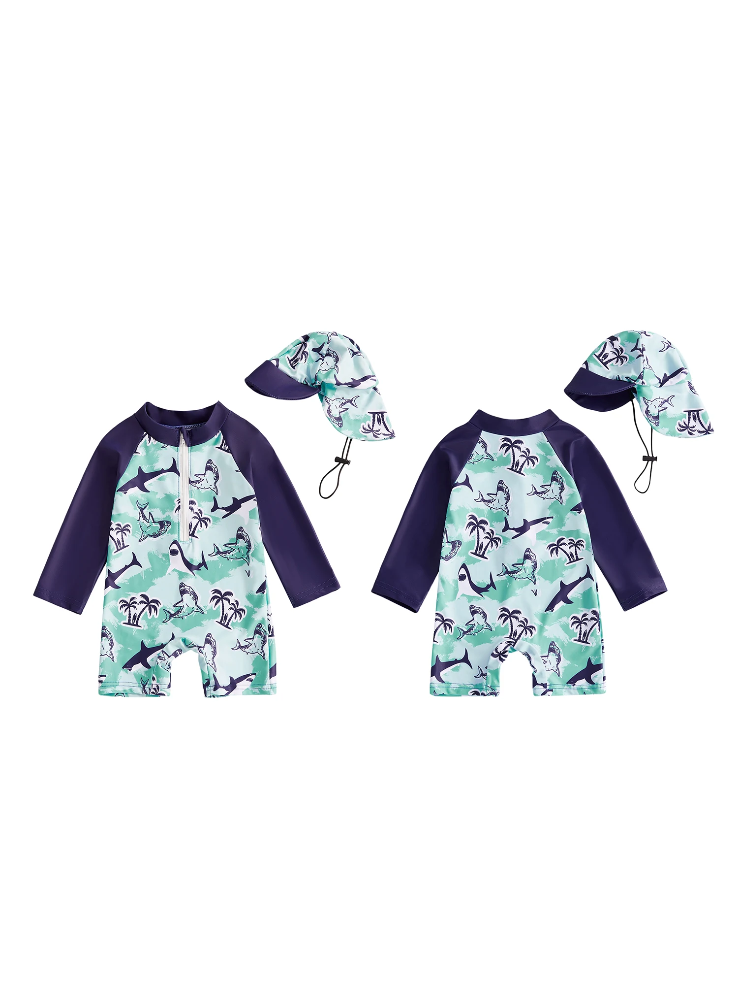 مجموعة ملابس سباحة رائعة للرضع مع تصميم ديناصور ممتع وسحاب كامل وقبعة شمس متطابقة للأولاد #1