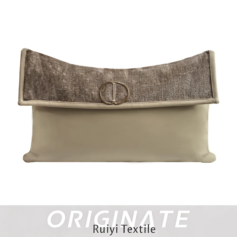 RUIYI Beige Yellow Lumbar Pillow Case Dual Fabric Chenille Faux Leather Cushion With Gold Metal Buckle Luxury Sofa Waist Pillow