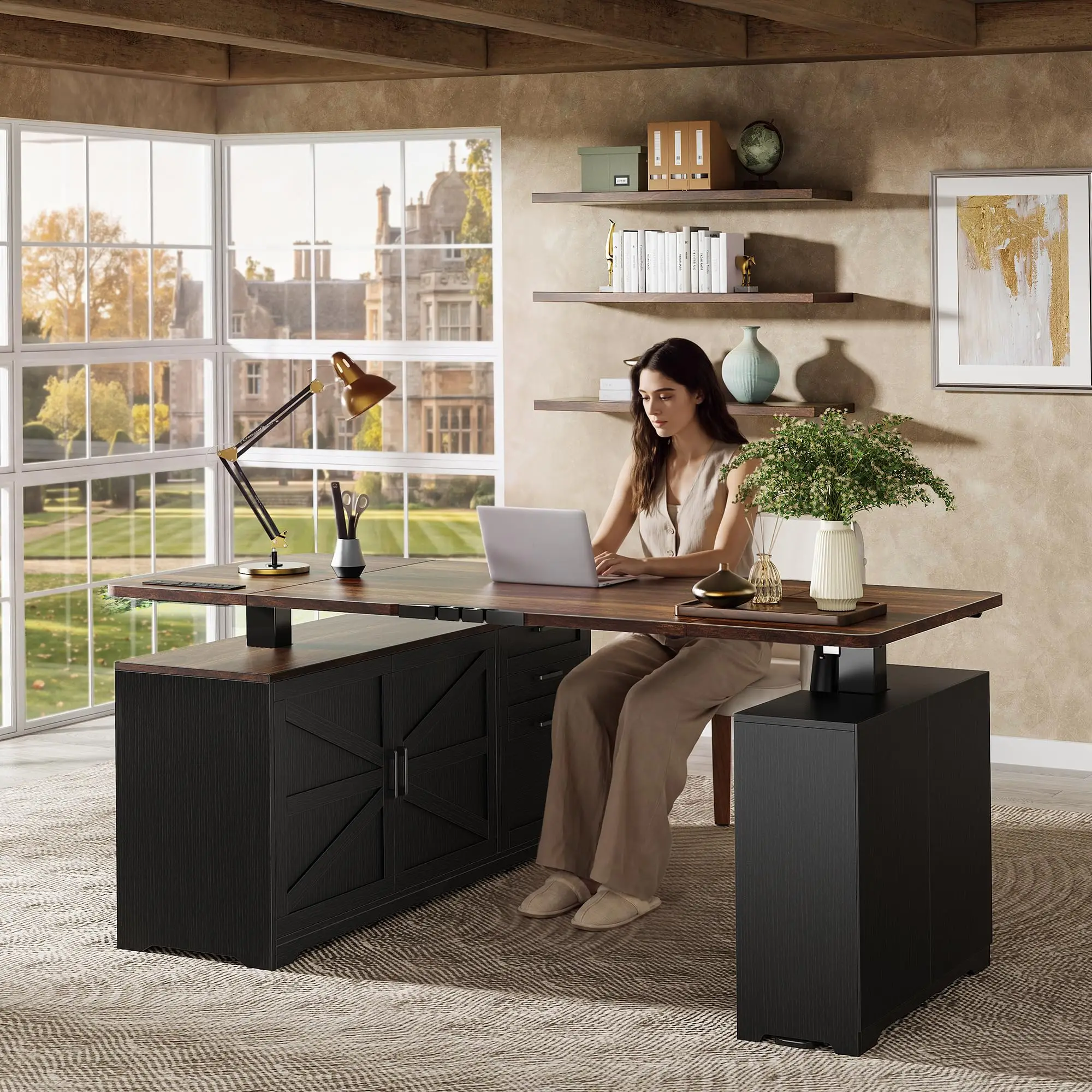 55'' Farmhouse L Shaped Standing Desk with Outlets and Drawers