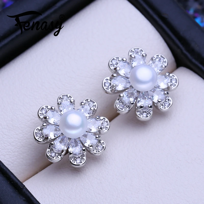 FENAS Natural Freshwater Pearl Earrings For Women Fashion Silver Color Flower Stud Earrings Wedding Jewelry