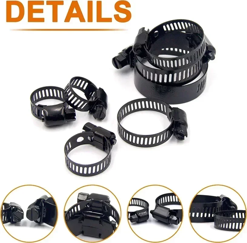 60pcs Clamps Stainless Steel Adjustable 6-38mm Range Worm Gear Black Hose Clamps Kit Clamps for Woodworking Spring Clamp