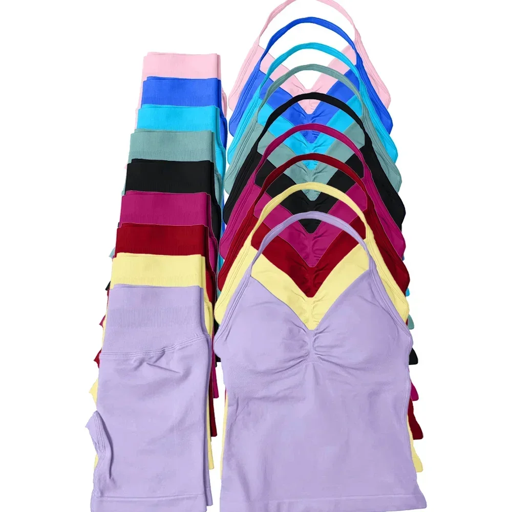 Terno de fitness de impacto de 2 peças feminino halter colete cintura alta sem costura shorts terno de fitness roupas esportivas terno de treino