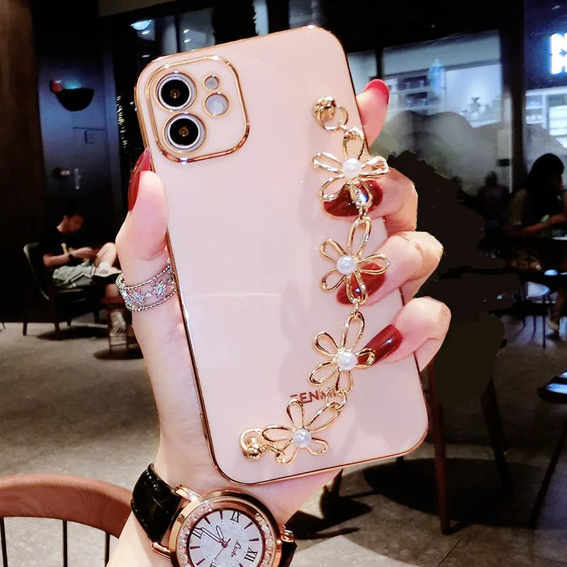 Flower pearl Wristband Soft Silicone Phone Case For Samsung Galaxy A52 A72 A324G A225G A23 A33 A73 A53 A 52 smooth Back cover