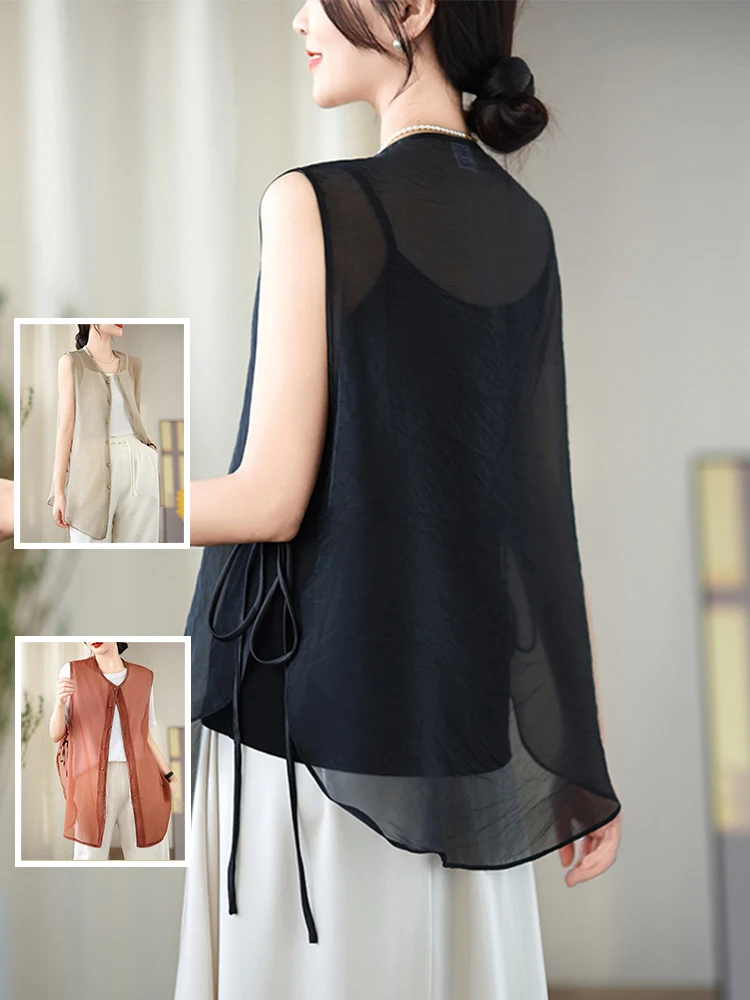 

New Chinese Style Side Tie Design Thin Pure Color Vest Jacket Large Size Women's round Neck Buttoned Asymmetrical Top