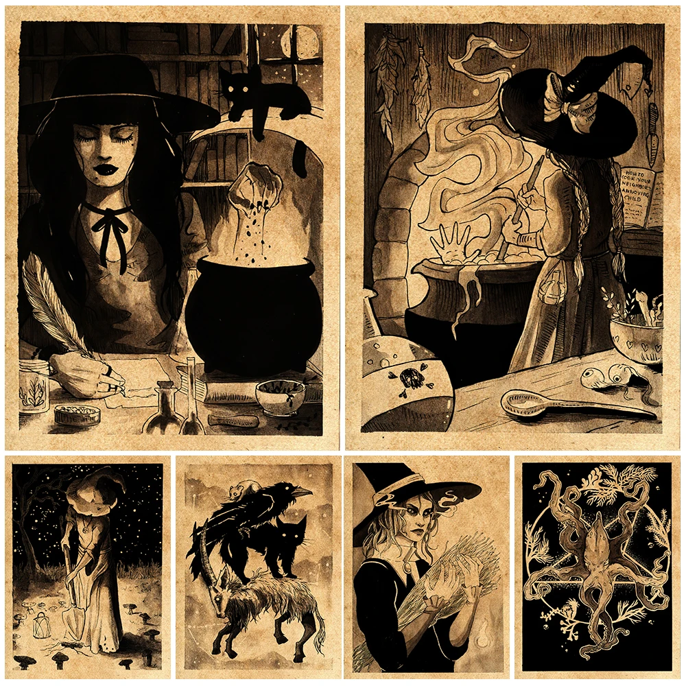 Salem Witch Daily Life Vintage Wall Art Canvas Painting Crows,Black Cats And Sheep Witch Element Poster And Pritns Home Decor