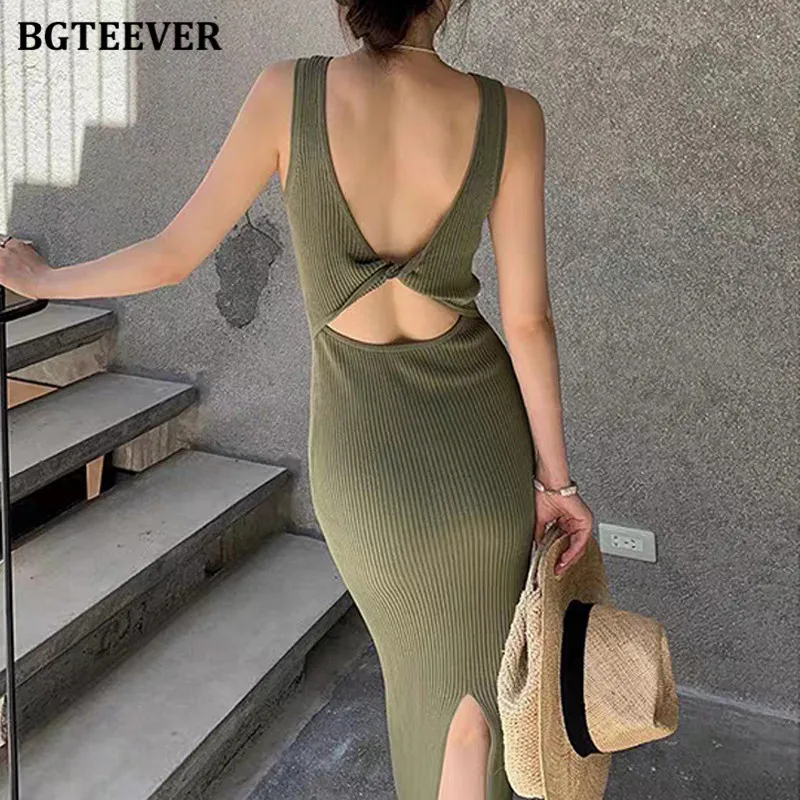 BGTEEVER Sleeveless Knitting Women\'s Dress Summer Slim Stretched Bodycon Dress Ladies Backless Sexy vestidos femme