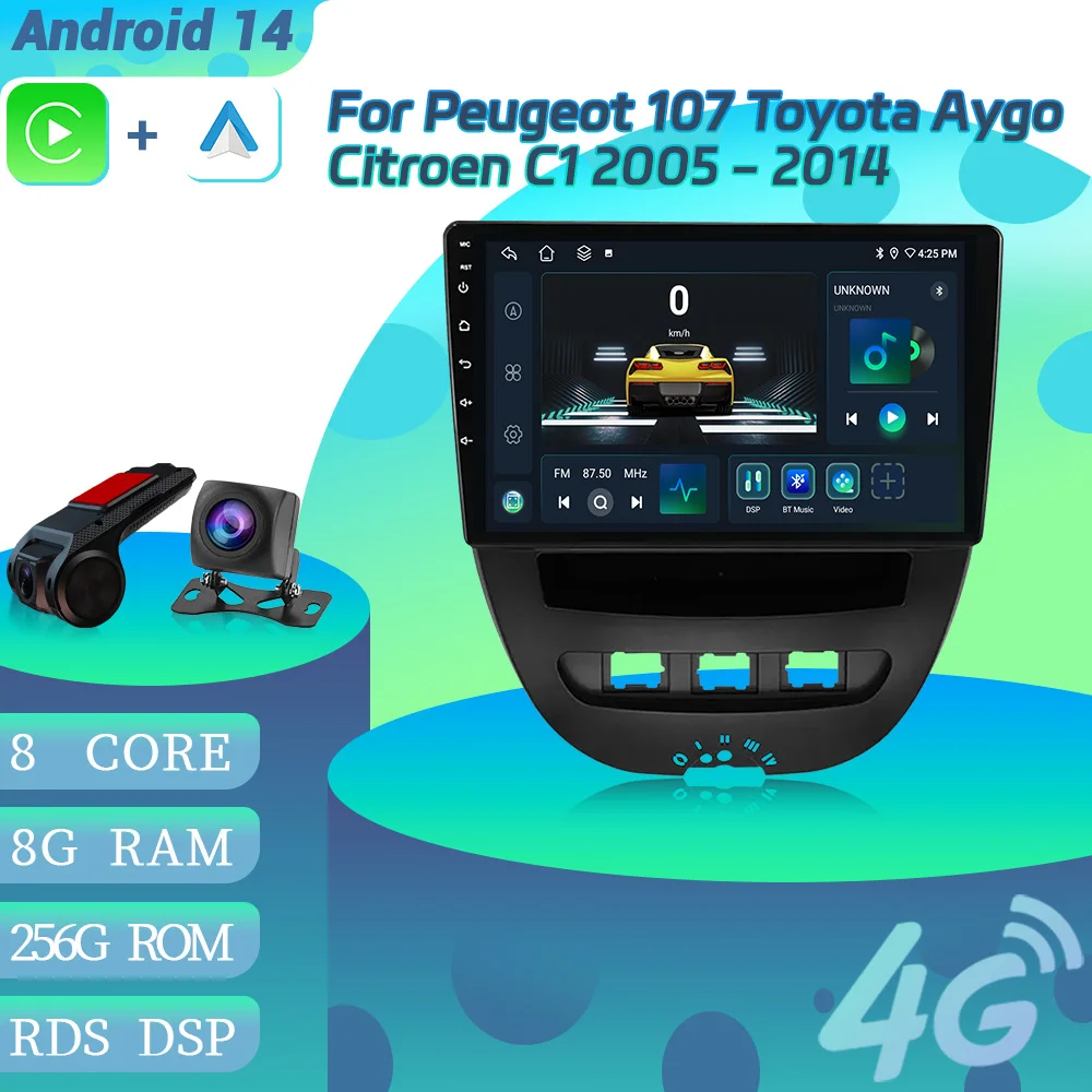 

Автомагнитола для Peugeot 107, Toyota Aygo, Citroen C1 2005-2014, Android 14, 4G, GPS-навигация