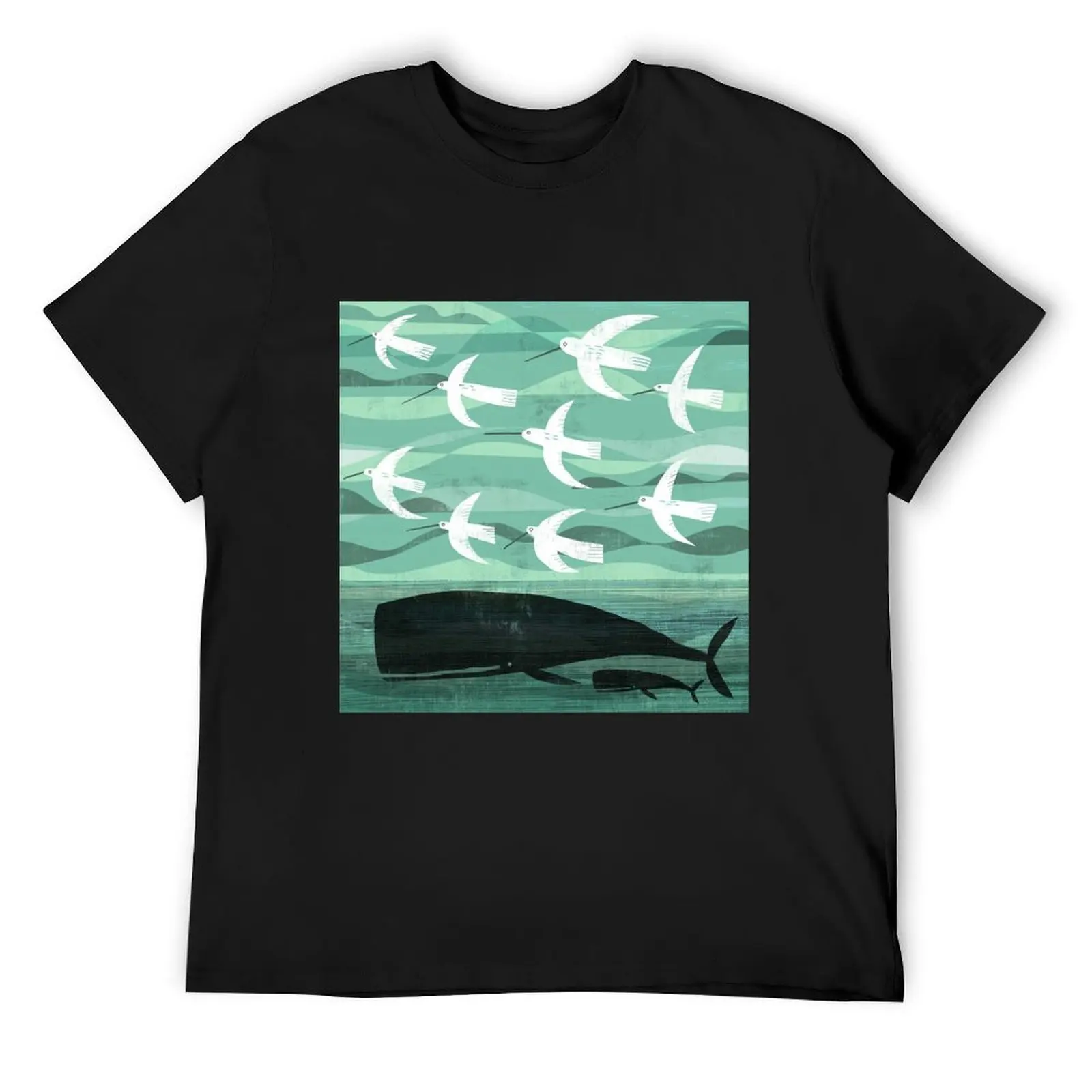 

Whale and baby with flying birds T-Shirt graphics Aesthetic clothing customs korean fashion vintage t shirt men