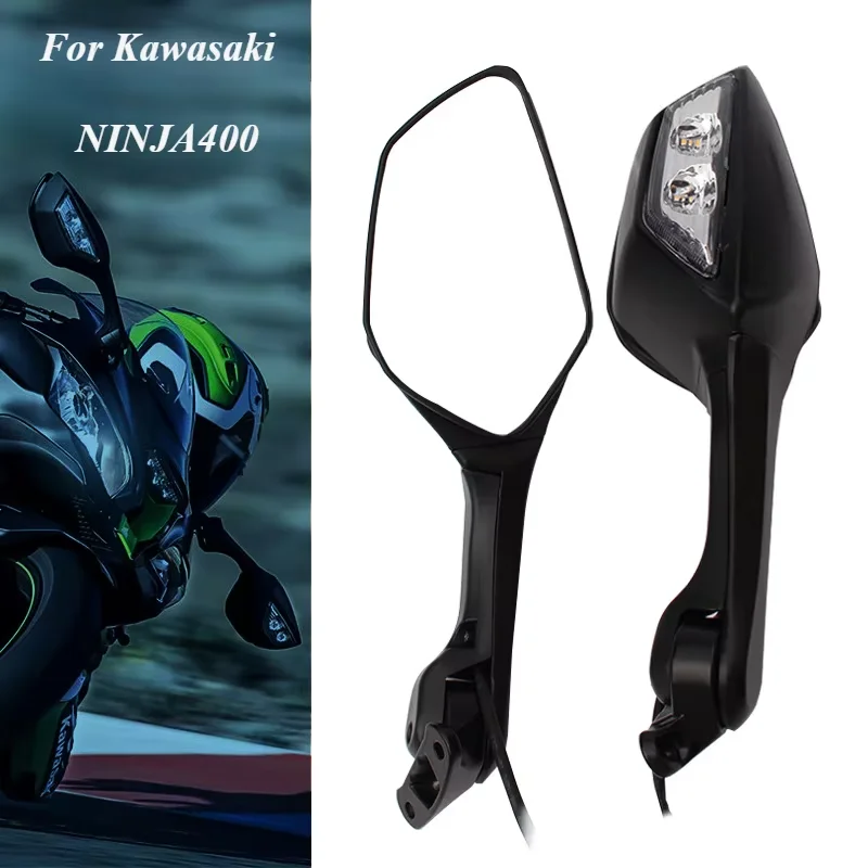 Motorcycle Rear View Mirrors With LED Turn Signal Light White Glass Side Mirror For Kawasaki Ninja 400 Ninja400 ABS Replacement