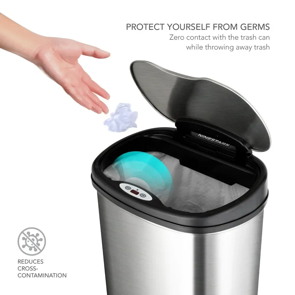 Automatic Touchless Motion Sensor Oval Trash Can with Black Top, 13 gallon/50 L, Stainless Steel High Quality Materials