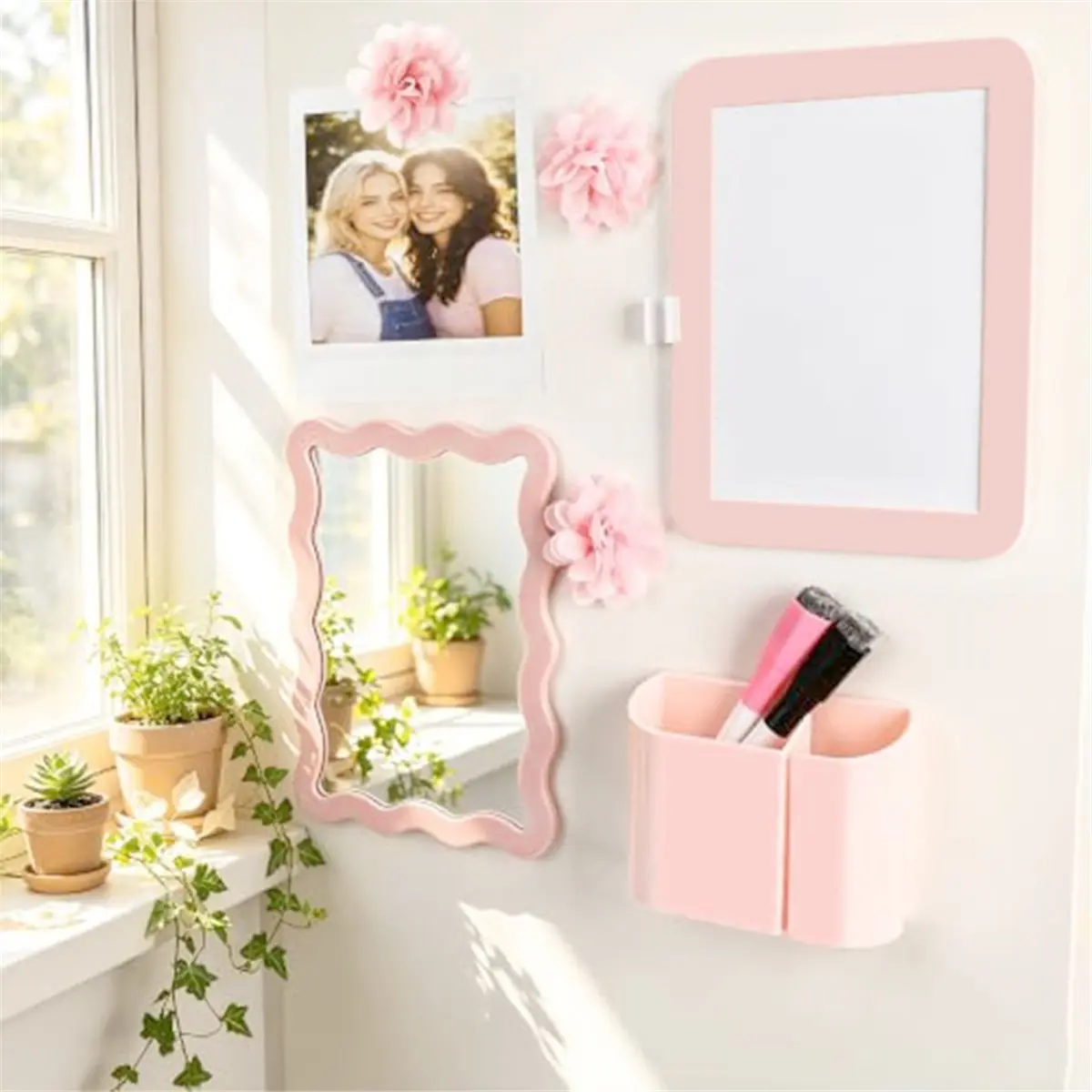 8-Piece Pink Locker Accessory Kit for Girls with Magnetic Mirror, Whiteboard, Pen Holder, Flower Magnet, Cute Aesthetic