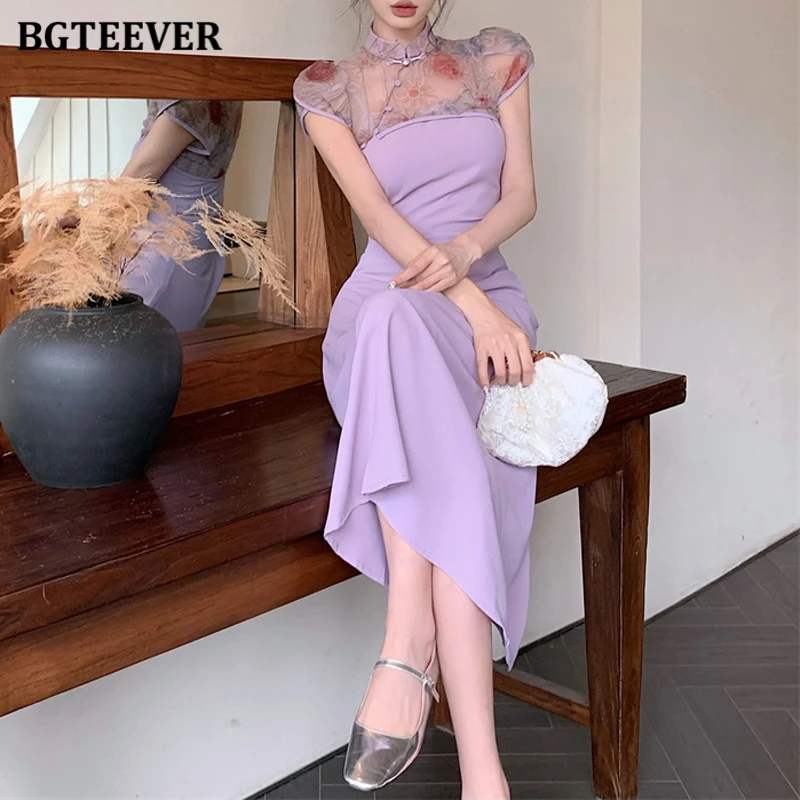 BGTEEVER Spring Summer Elegant Ladies 2 Piece Dress Set Short Sleeve Cheongsam Tops & Package Hip Bodycon Sleeveless Dress