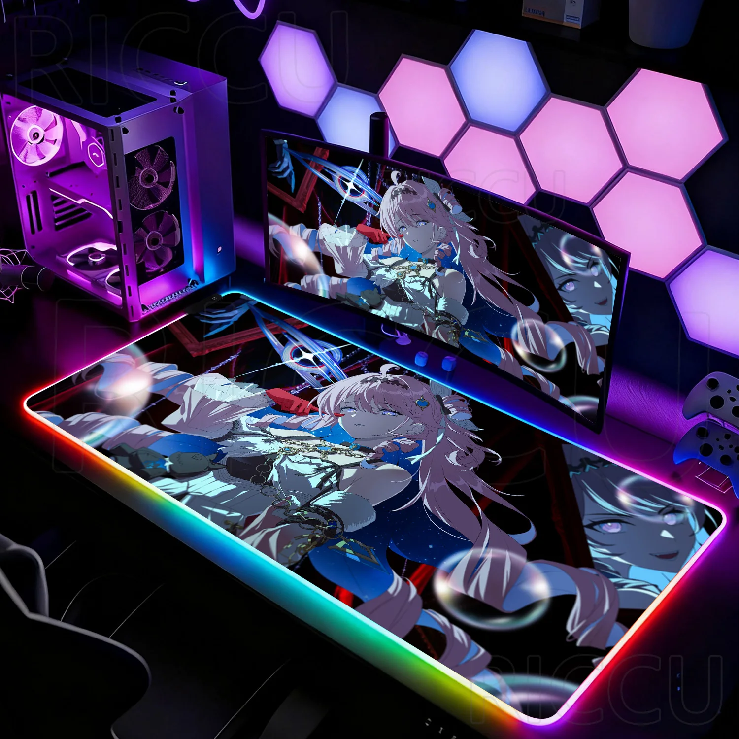 RGB XXL Kawaii Anime Girl Denia rapid response Wuthering Waves Gaming Mousepad Computer Keyboard Mouse Pad Rubber LED Desk Mat