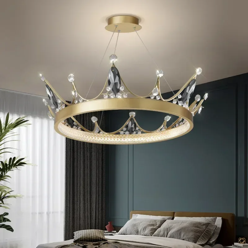 Nordic Modern Crown Crystal LED Chandelier, Simple Luxury Ceiling Light Fixture for Living Room, Bedroom, and Elegant Home Decor