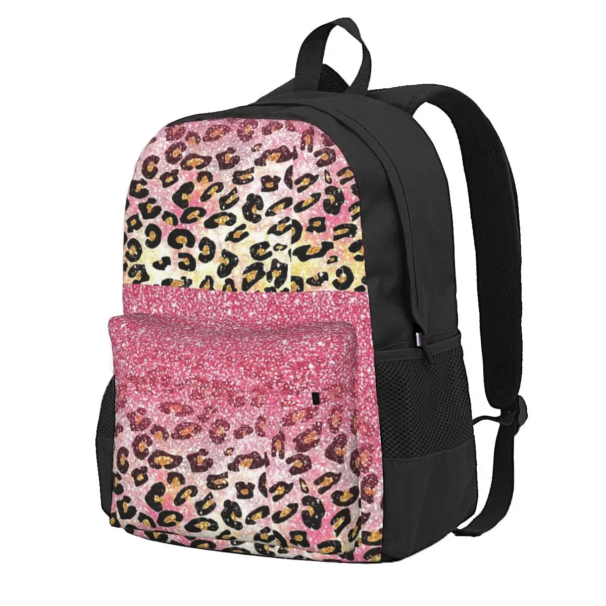 Bubble Gum Pink Faux Glitter Leopard Animal Print Student Backpack School Bag  for Men Women Fashion Bookbag Shoulder Bags
