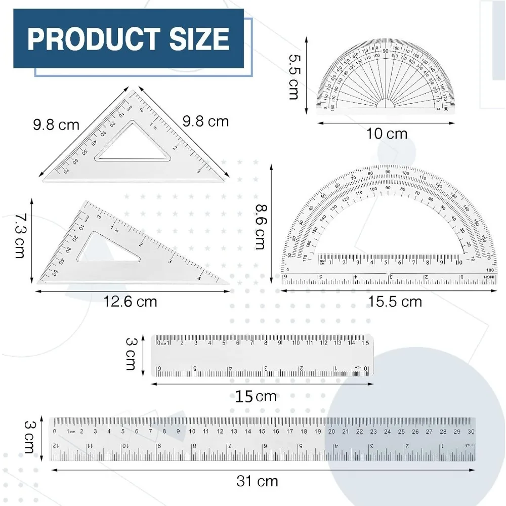 6-piece set, includes protractor, triangle, 12/6-inch ruler, geometric math ruler, clear ruler