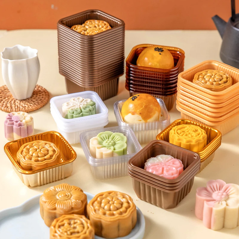 100pcs Mooncake Plastic Tray PET Pastry Cake Egg Yolk Crisp Thicken PP Tray Mid-autumn Festival Party Supplies Snack Blister Box