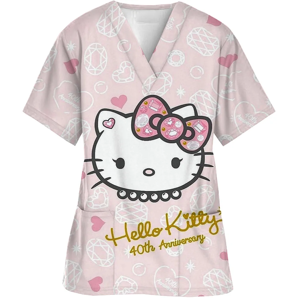 Kawaii Nurse Uniform Scrubs Tops Womens Cartoon Hello Kitty Print Short Sleeve Pocket Overalls Uniforms Medical Nursing Blouse