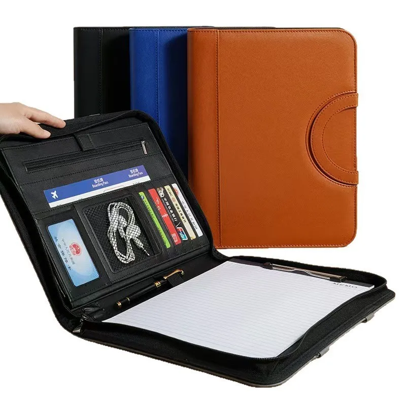 A4 Leather Zipper Business Folder with Multi-Compartment Document Organizer, Handle File Bag for Meeting Contract Sales