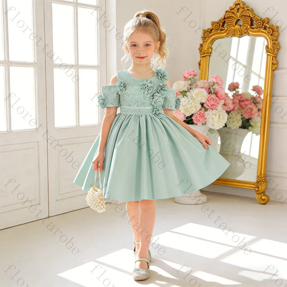 Customized Mint Green Satin Off Shoulder Girls Dress Floral Applique Princess Gown for Wedding Baptism First Communion Party