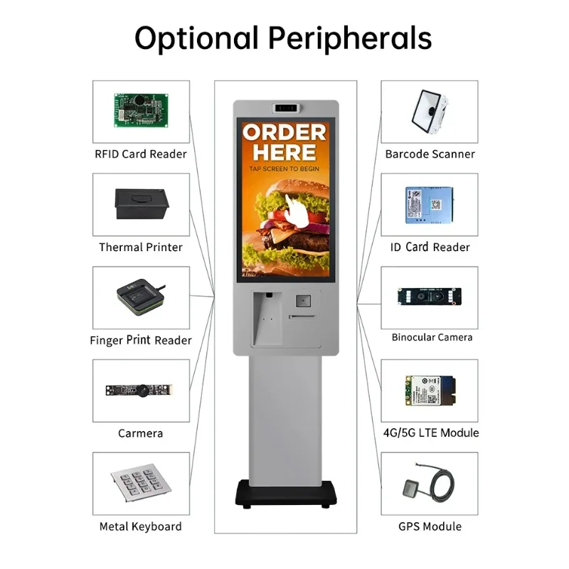 21 23 27" Self-ordering-kiosk Self Check In Touchscreen Kiosk Ticket Printing Self Service Payment Machine