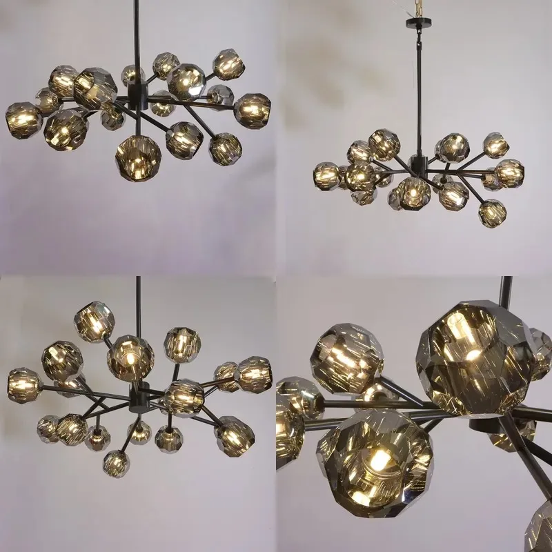 Dining Living Room Copper K9 LED Crystal Ball Round Smoke Glass Oval Ceiling Chandelier Decoration