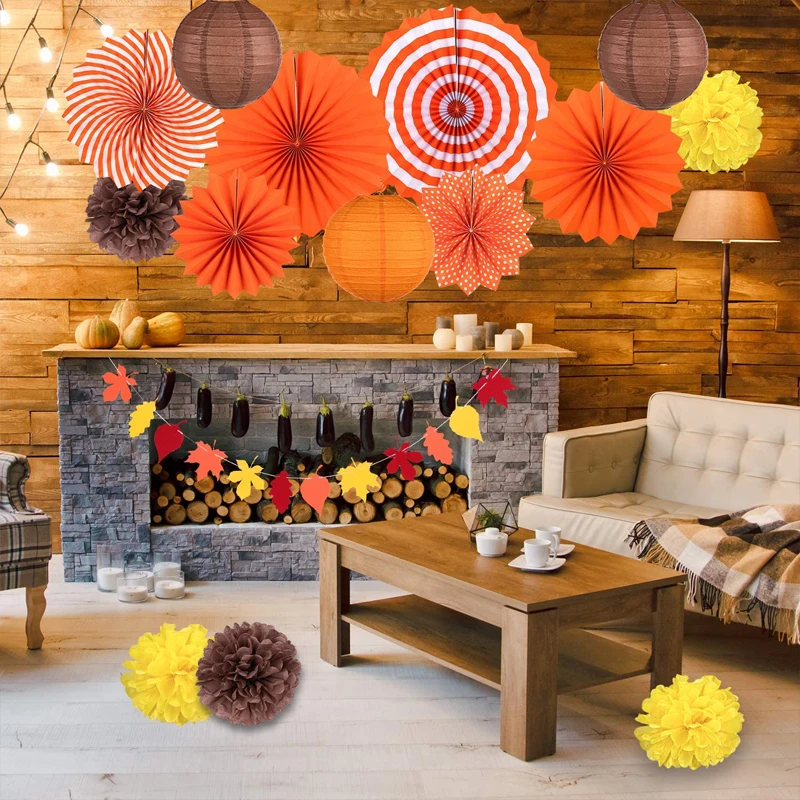 16Pcs Fall Party Decorations Orange Hanging Paper Fans Autumn Paper Pompoms Paper Lanterns Maple Leaves Bunting Garlands