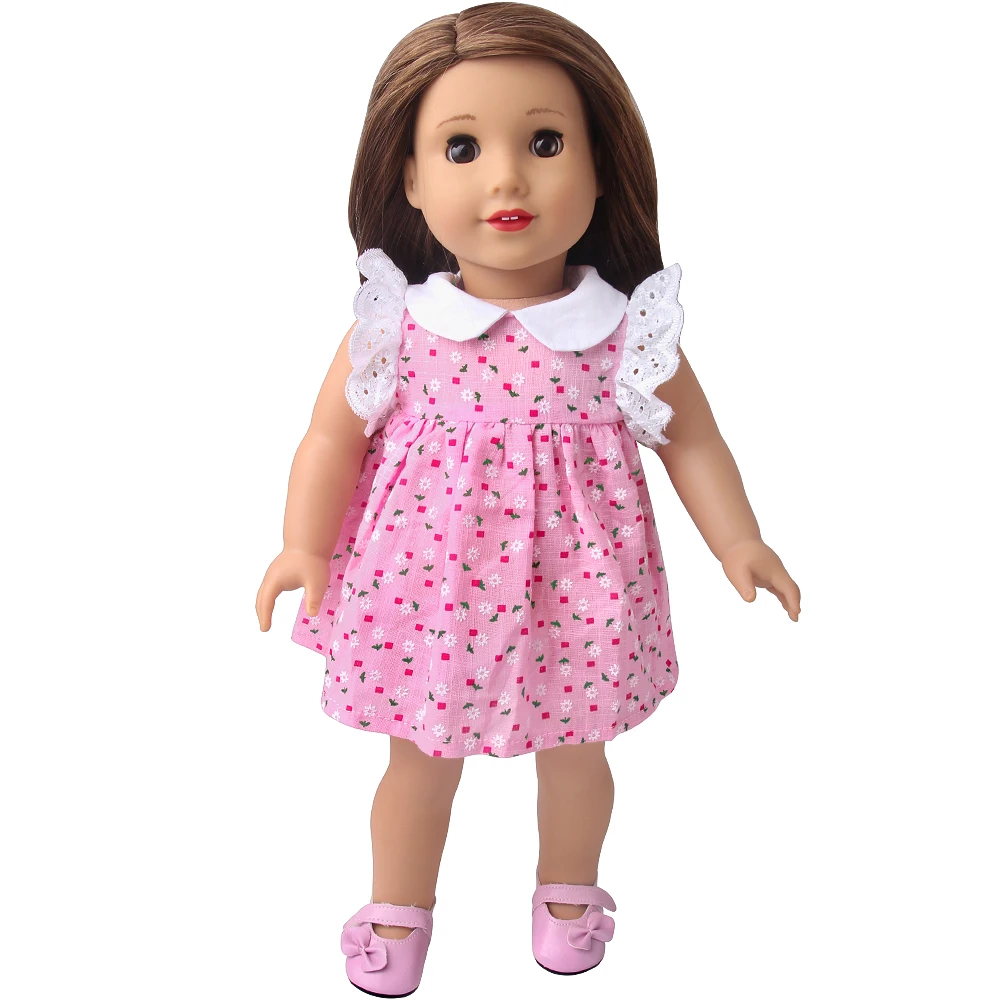

Summer new dress 18 inch girls' pink and white printed dress, cute and cute doll clothing, summer fashionable and cool short dre