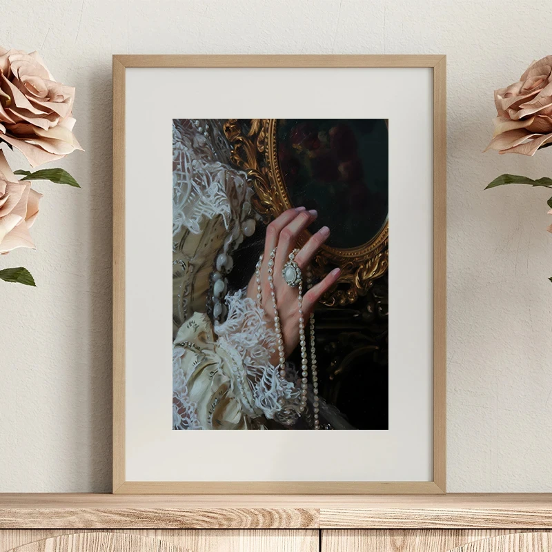 Victorian Woman Lace Pearls Mirror Posters and Prints Canvas Printing Vintage Wall Art Picture for Living Room Home Decor Gifts